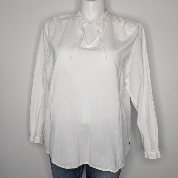 Tommy Hilfiger Tops - Tommy Hilfiger White Cotton Beachy Long Sleeve Tie Neck Top 18